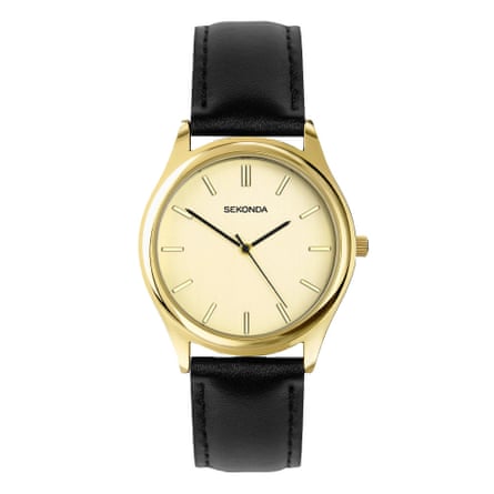 A Sekonda watch, Gold alloy face with black hands and a black strap.