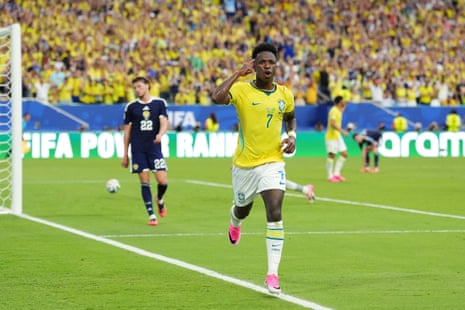 Vinicius Junior #7 of Brazil scores his team's second goal