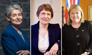 (L-R) Former Unesco director Irina Bokova, Helen Clark and Susana Malcorra who are among 30 female world leaders warning that women’s rights are being eroded.