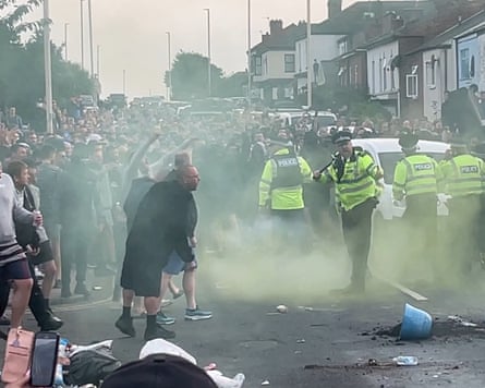 Trouble flares during a protest in Southport, after three children died and eight were injured at a dance school, July 2024.