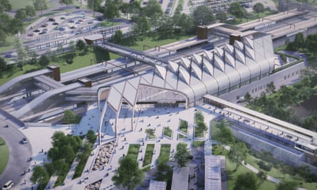 Aerial artist’s impression of a low futuristic railway station with a distinctive scalloped roof