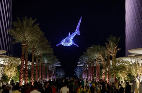 Welcome to Lusail: Lego-city of the gods and one of the strangest places on earth | World Cup 2022 12 A recently unveiled 30-metre art installation of a whale shark, called Al Nehem, suspended between the four Lusail Towers, celebrating Lusail’s development and raising awareness for one of the largest endangered animals in the world at Al Sa’ad Plaza in downtown Lusail.