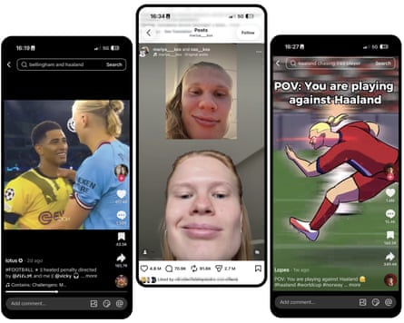 Composite image of Haaland’s bromance with Bellingham, a still from a video of Anastasia Kostromitina mimicking Haaland, and an animated video celebrating his speed