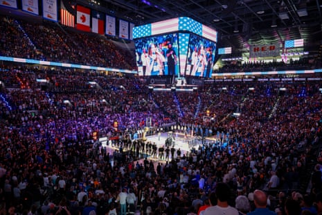 Mickey Guyton performs the US national anthem before Game 5.