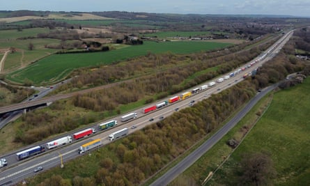 Lorries queue on the M20 as freight delays continue at the Port of Dover.