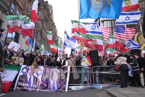 Counter protesters gather in central London as a pro-Palestine march walks past.