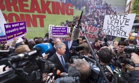Nigel Farage launching Ukip’s EU referendum poster campaign in June 2016.