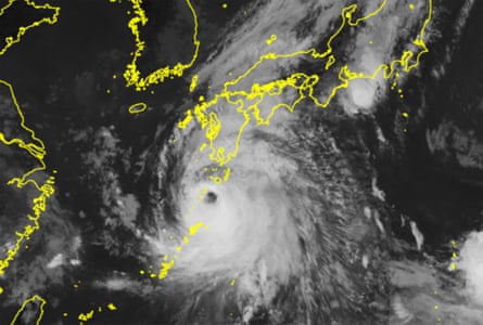 A satellite image from Japan Meteorological Agency’s satellite “Himawari” on Wednesday shows Typhoon Shanshan moving closer to Japan’s Kyushu region