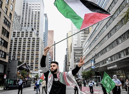 People take part in a pro-Palestinian demonstration held in front of the consulate general of Israel in New York City on 9 October 2023.