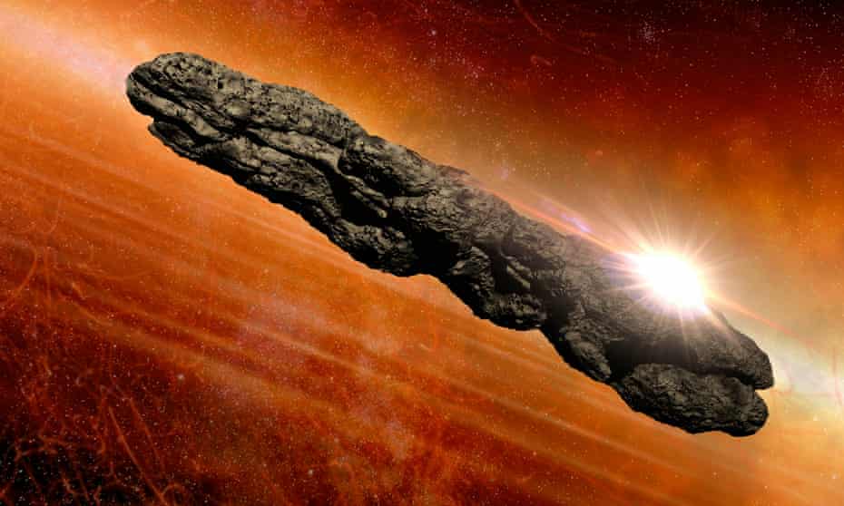 Space invader: illustration of ‘Oumuamua. Some scientists thought it was cigar-shaped, but Loeb believes it resembled a giant pancake.
