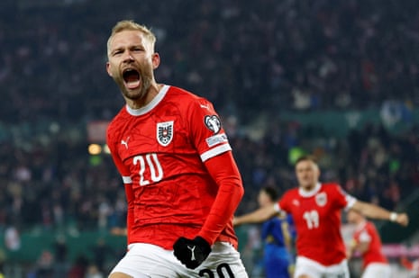 Konrad Laimer celebrates after scoring for Austria