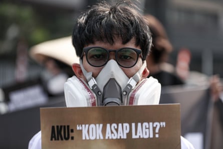 Protester wearing a mask fitted with air filters and holding a placard.