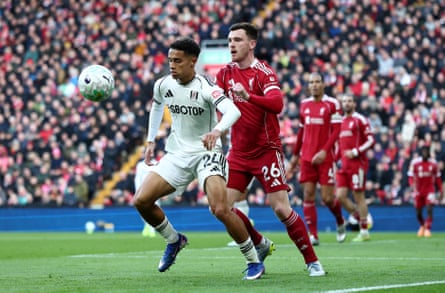 Fulham’s Josh King in action with Liverpool’s Andy Robertson
