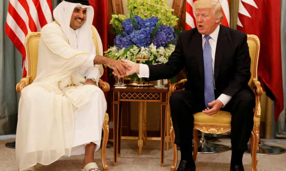 Donald Trump, right, meets Qatar’s emir Sheikh Tamim bin Hamad Al Thani in Riyadh, Saudi Arabia, on 21 May.