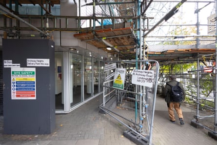 Photo of the scaffolding around the block at ground-floor level