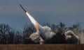 A Himars rocket is fired from a Ukrainian position in the Kherson region