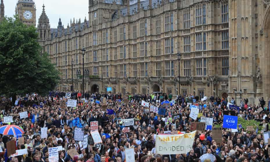 Protestors Attend Anti-Brexit rally on College Green in front of the Houses of Parliament on June 28, 2016