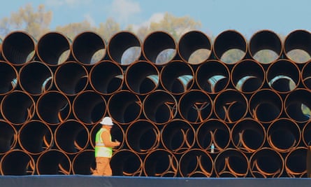 Pipes for the proposed Dakota Access oil pipeline, that would stretch from the Bakken oil fields in North Dakota to Patoka, Ill., are stacked at a staging area in Worthing, S.D.