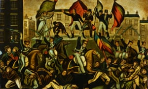 A piece of commemorative glass with an image of the Peterloo massacre