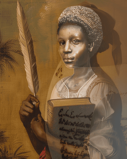 AI image of Espercanca Garcia smiling and holding a quill pen and a book