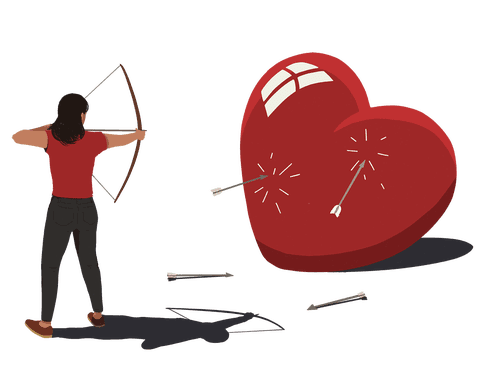 a woman shooting a giant heart with arrows, the arrows bounce off and fall to the ground