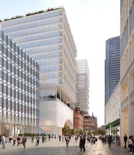 Visualisation of plans for offices, shops and a edifice flanking and supra Liverpool Street station