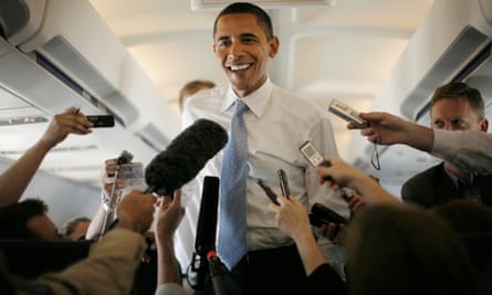 Presidential candidate Barack Obama talking to the media in June 2008, en route to Dulles airport, on the campaign trail in Virginia