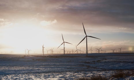 Wind turbines on sandy landscape, Ayrshire, Scotland