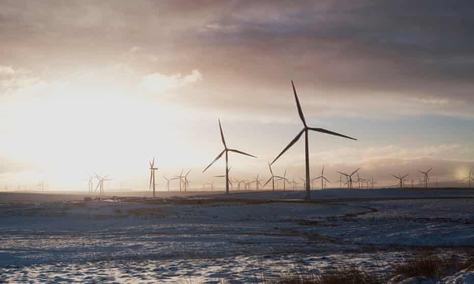 Wind turbines on sandy landscape, Ayrshire, Scotland