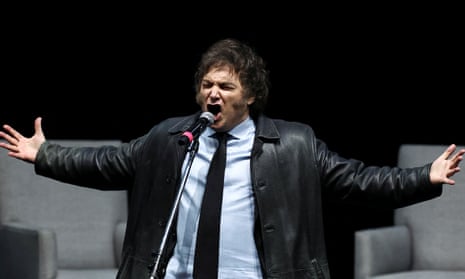 Argentinian president Javier Milei belts out rock song at book launch – video