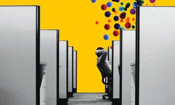 black and white image of man in a row of work cubicles leaning back in his chair against a background of yellow with coloured spheres