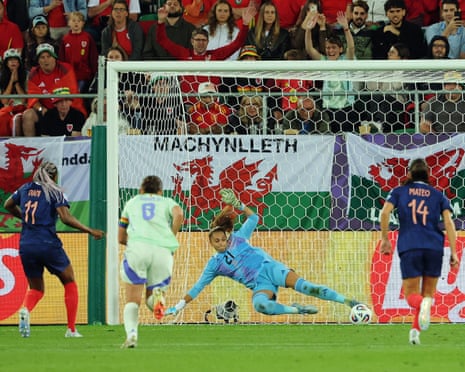 France’s Kadidiatou Diani scores their second goal from the penalty spot past Wales’ keeper Safia Middleton-Patel.