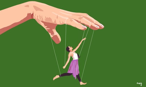 Illustration of a male dancer being controlled like a puppet by a giant hand