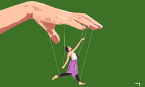 Graphic of a hand controlling a person in gym gear like a puppet with five strings attached