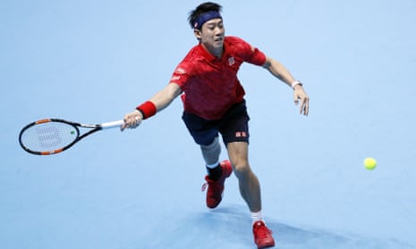 Japan’s Kei Nishikori plays a return on his way to taking the first set against Stan Wawrinka.