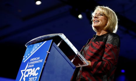 Betsy DeVos speaks at CPAC. The education secretary has sparked anger with her linking of historically black colleges and universities with ‘school choice’.