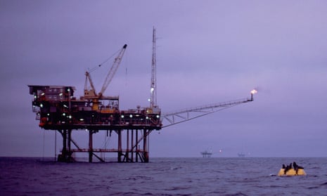 Offshore oil and gas platforms in the Bass Strait at dusk