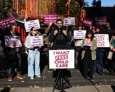 Zohran Mamdani speaks in support of universal childcare in New York.