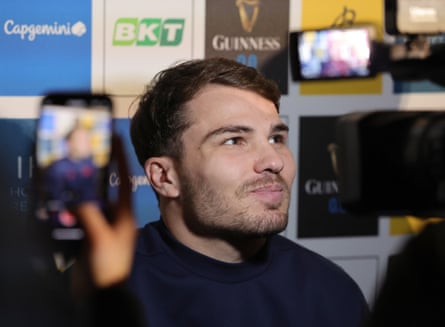 France’s captain, Antoine Dupont, in front of the media