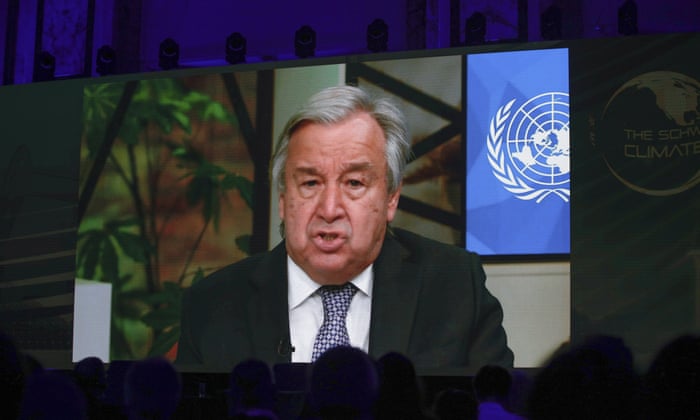 A video message by António Guterres, Secretary-General of the United Nations is broadcast at the Austrian Climate Summit - The Arnold Schwarzenegger Climate Initiative in Vienna, Austria, Tuesday, June 14, 2022.