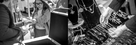 A black-and-white composite of two images, one of a woman handing another person an item, seemingly to buy it, and the other of hands touching necklaces.