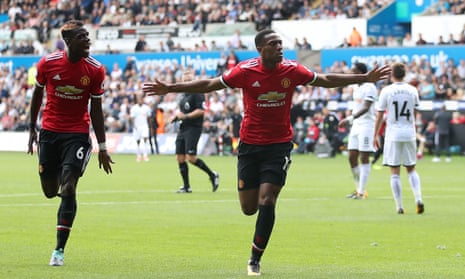 Manchester United’s Anthony Martial celebrates scoring his side’s fourth goal
