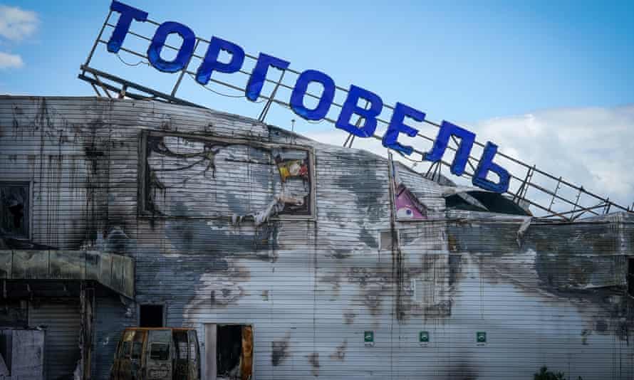 The ruins of a destroyed shopping centre in Bucha.