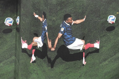 Kylian Mbappé shoots. Original photograph by Lampson Yip.