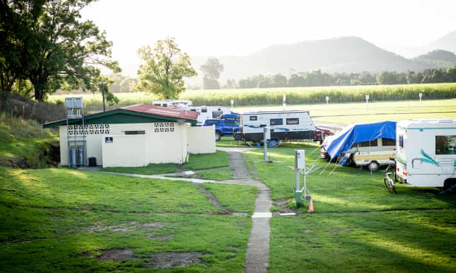 The showgrounds in the northern NSW town of Murwillumbah, where stuck Queensland residents are living in campers and tents.