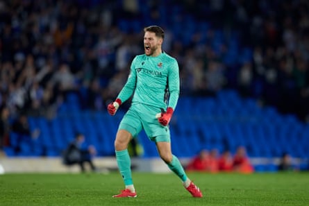 Alex Remiro celebrates after Luka Sucic’s goal against Midtjylland in the Europa League playoffs last month