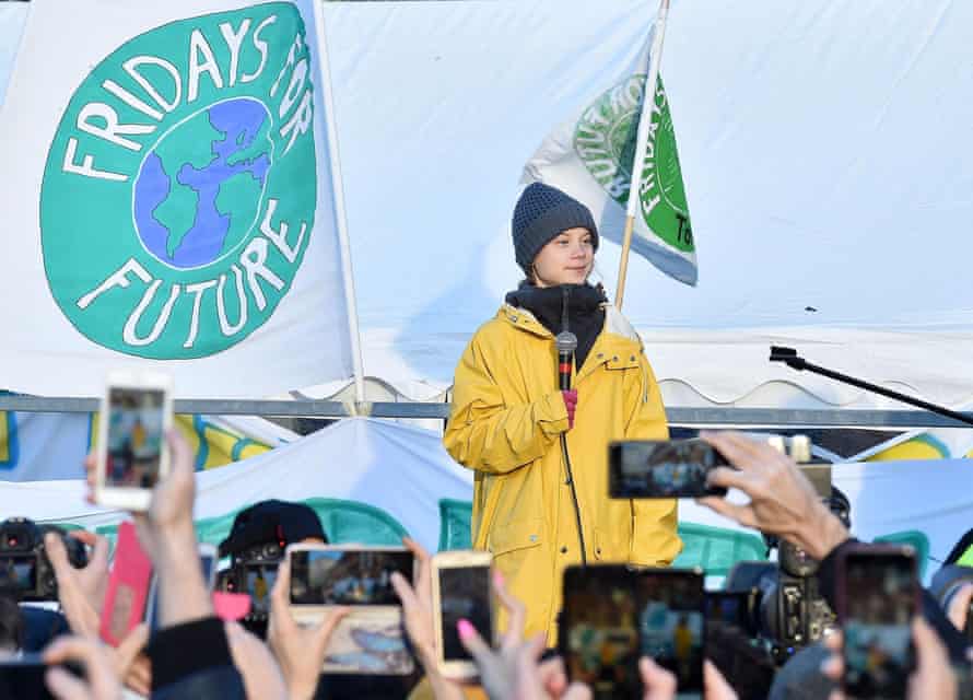 Swedish activist Greta Thunberg leads a Fridays For Future rally in Turin, December 2019