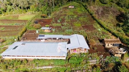 Elevated view of a tin-roofed hotel complex in amongst cultivated fields and forest