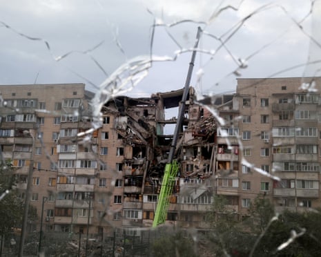 This photograph shows a multistorey residential building partially destroyed as a result of Russian missile strike on the Ukrainian capital of Kyiv.