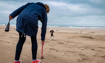 A woman holds a dog poo bag while playing with her pet on a beach